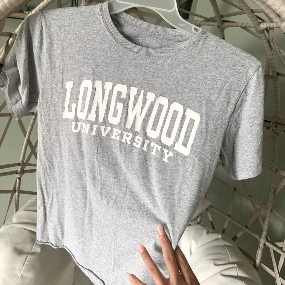 Grey and white Longwood University tee. College T-shirt lancers LWU